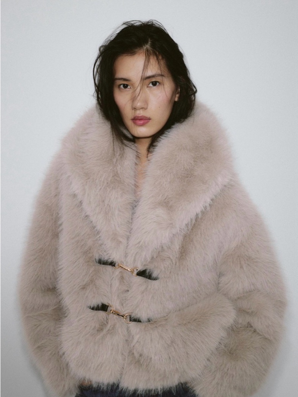 Zara Short Faux-Fur Toggle Coat in Pearl Gray